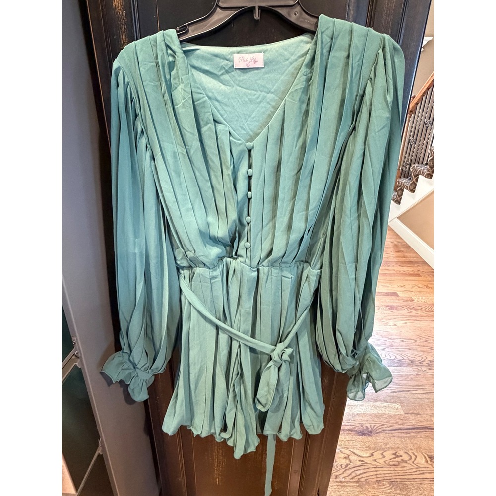 Pink Lily Teal Green Pleated Long Sleeve Romper V-Neck Belted Size S